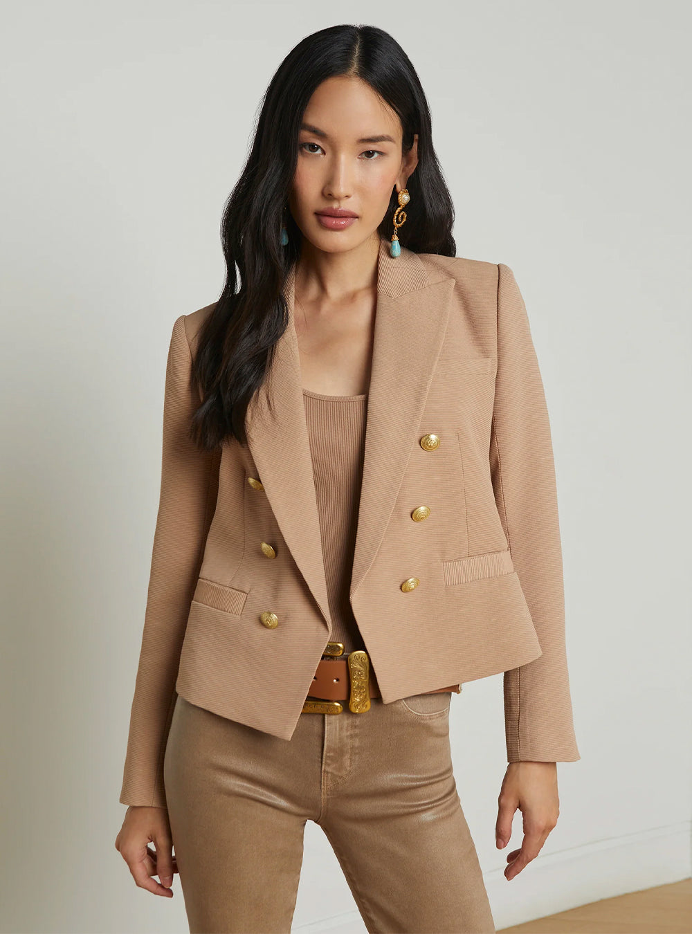 L'Agence Brooke Open-Front Blazer - Cappuccino/Sketch Chain