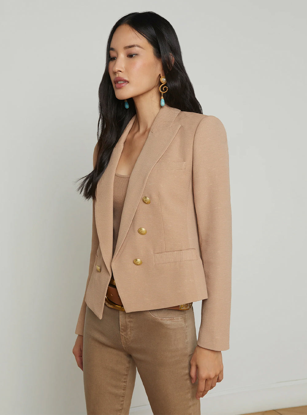 L'Agence Brooke Open-Front Blazer - Cappuccino/Sketch Chain