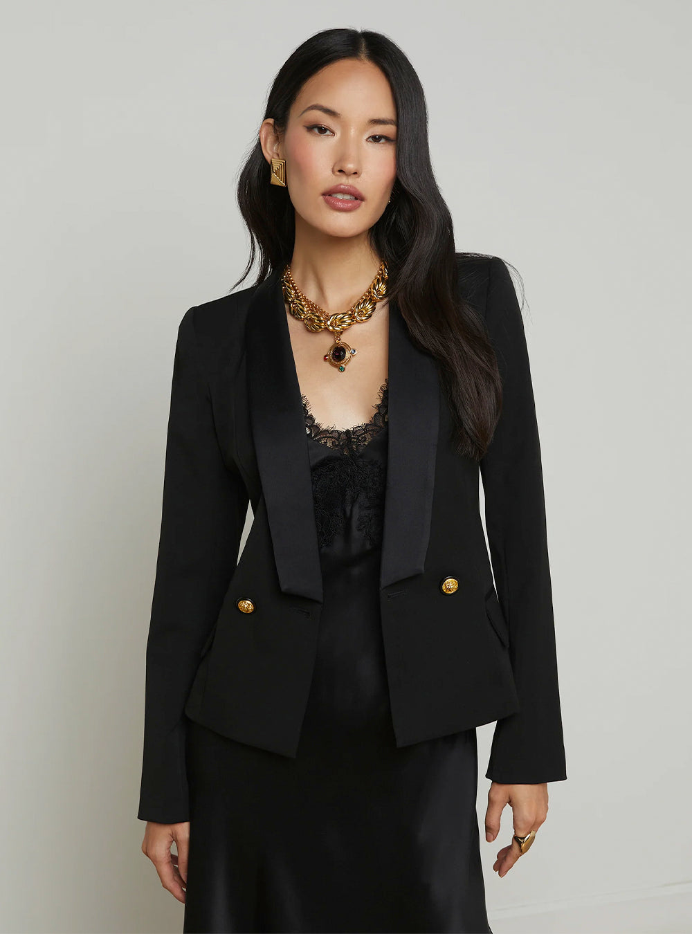 L'Agence Imogen Satin Lapel Blazer - Black