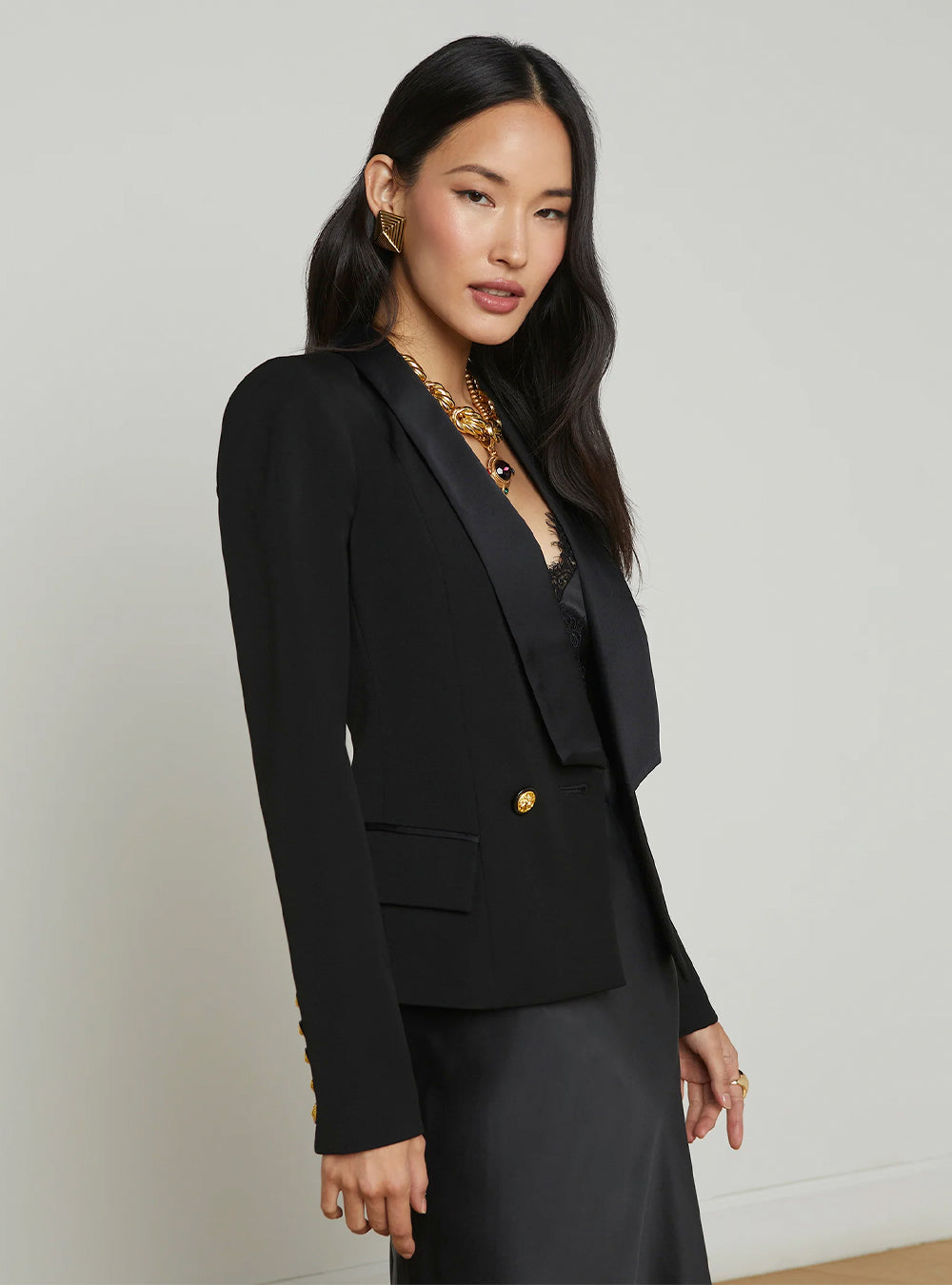 L'Agence Imogen Satin Lapel Blazer - Black