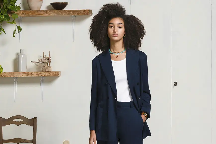 Keep It Casual And Elegant With Circolo | Picture of woman wearing a full outfit with blazer and pants in dark blue - O'Connors Calgary