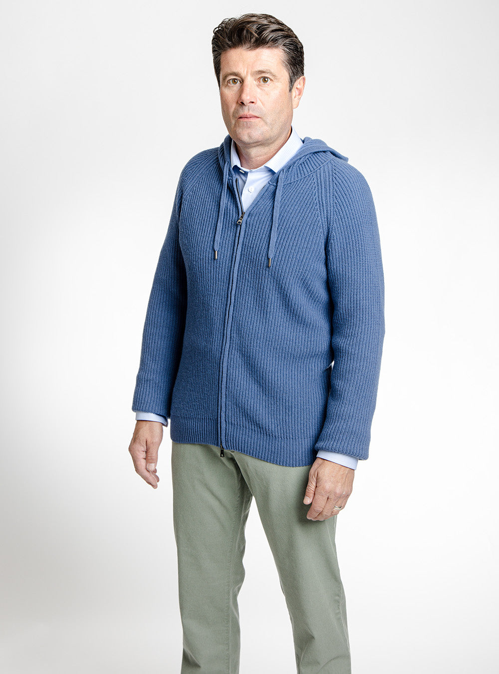 Ferrante Light Blue Full Zip Cable Kint Hooded Sweater