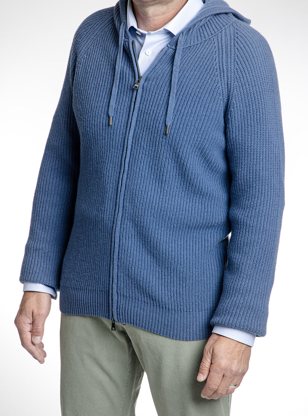 Ferrante Light Blue Full Zip Cable Kint Hooded Sweater