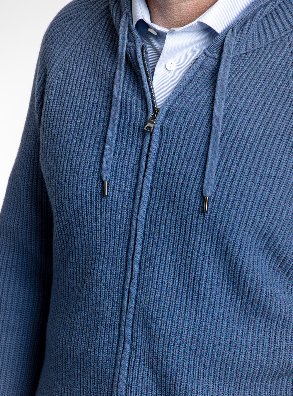 Ferrante Light Blue Full Zip Cable Kint Hooded Sweater