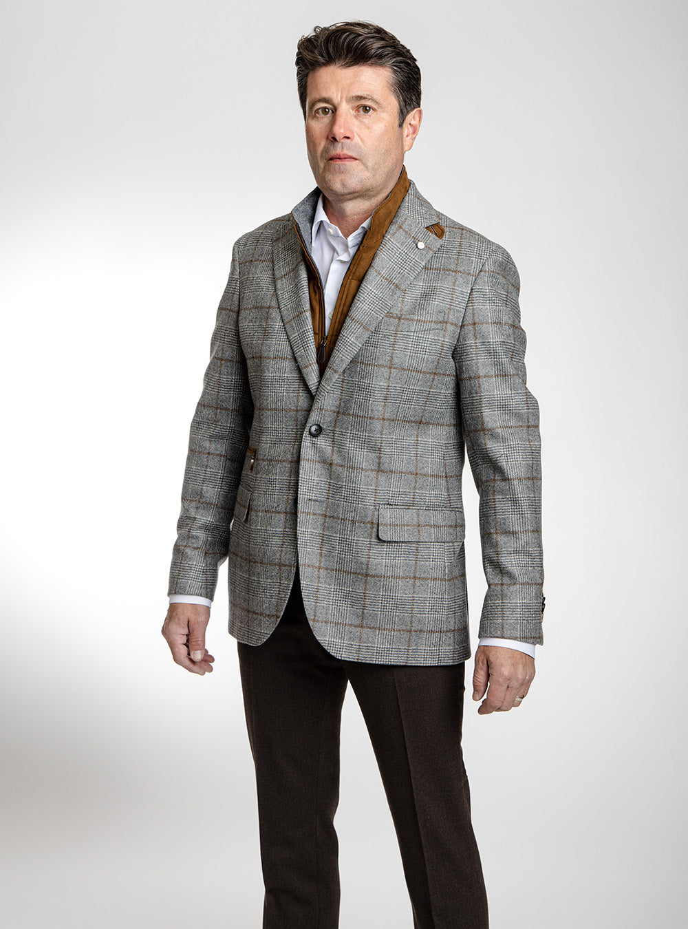 Luigi Bianchi Mid-Grey Plaid & Tabacco Overcheck Sport Jacket