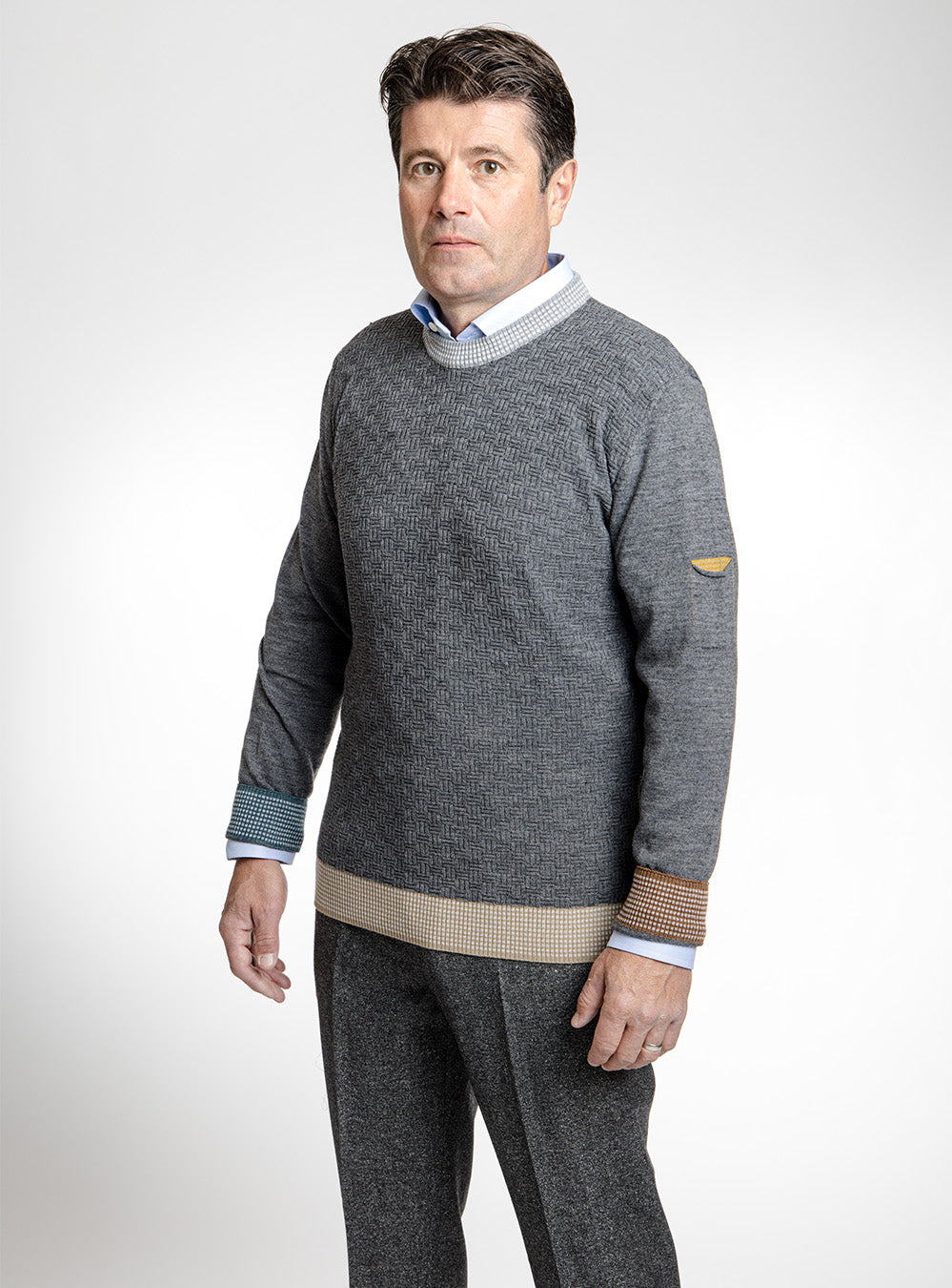 BOB Grey Basket Weave Crewneck with Mixed Coloured Accents