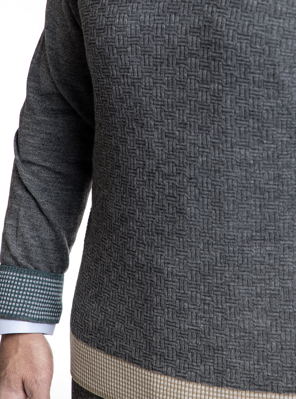 BOB Grey Basket Weave Crewneck with Mixed Coloured Accents