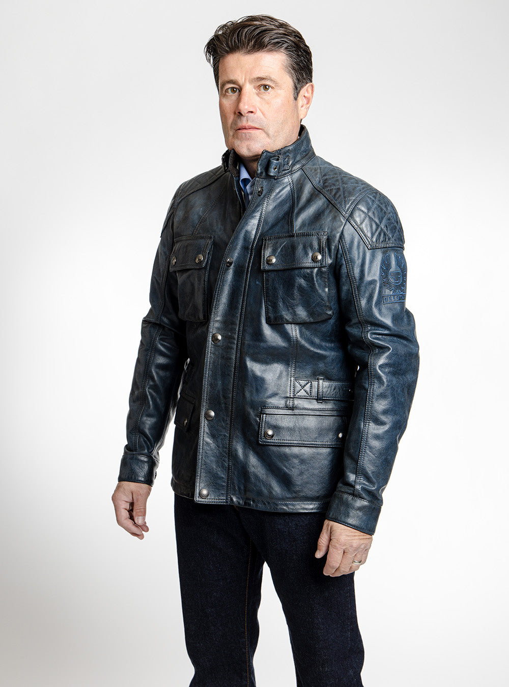 Belstaff Ink Blue Leather Motorcycle Jacket