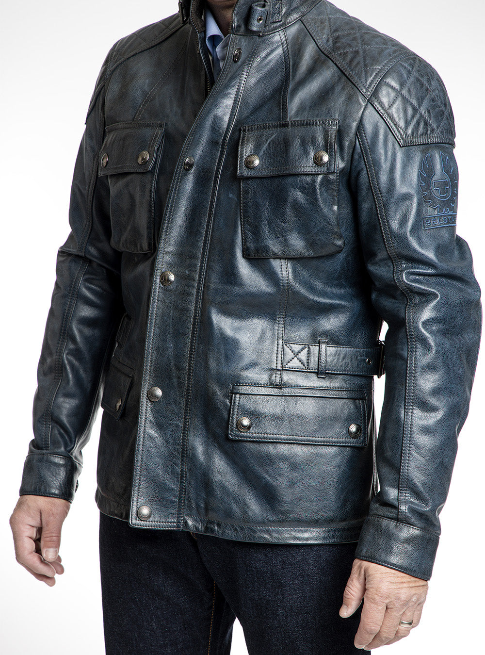 Belstaff Ink Blue Leather Motorcycle Jacket