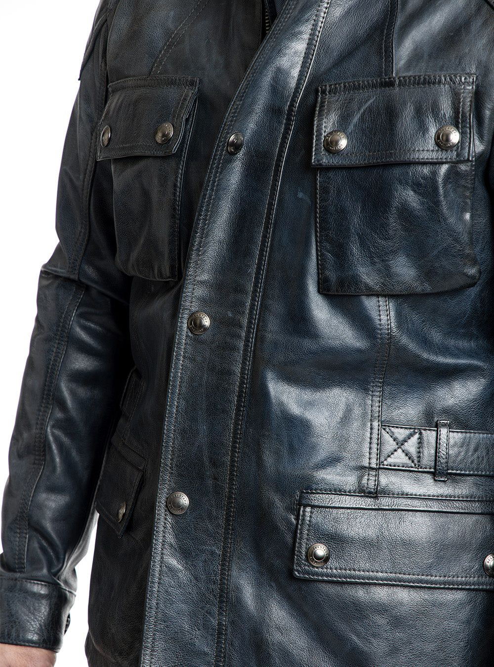 Belstaff Ink Blue Leather Motorcycle Jacket