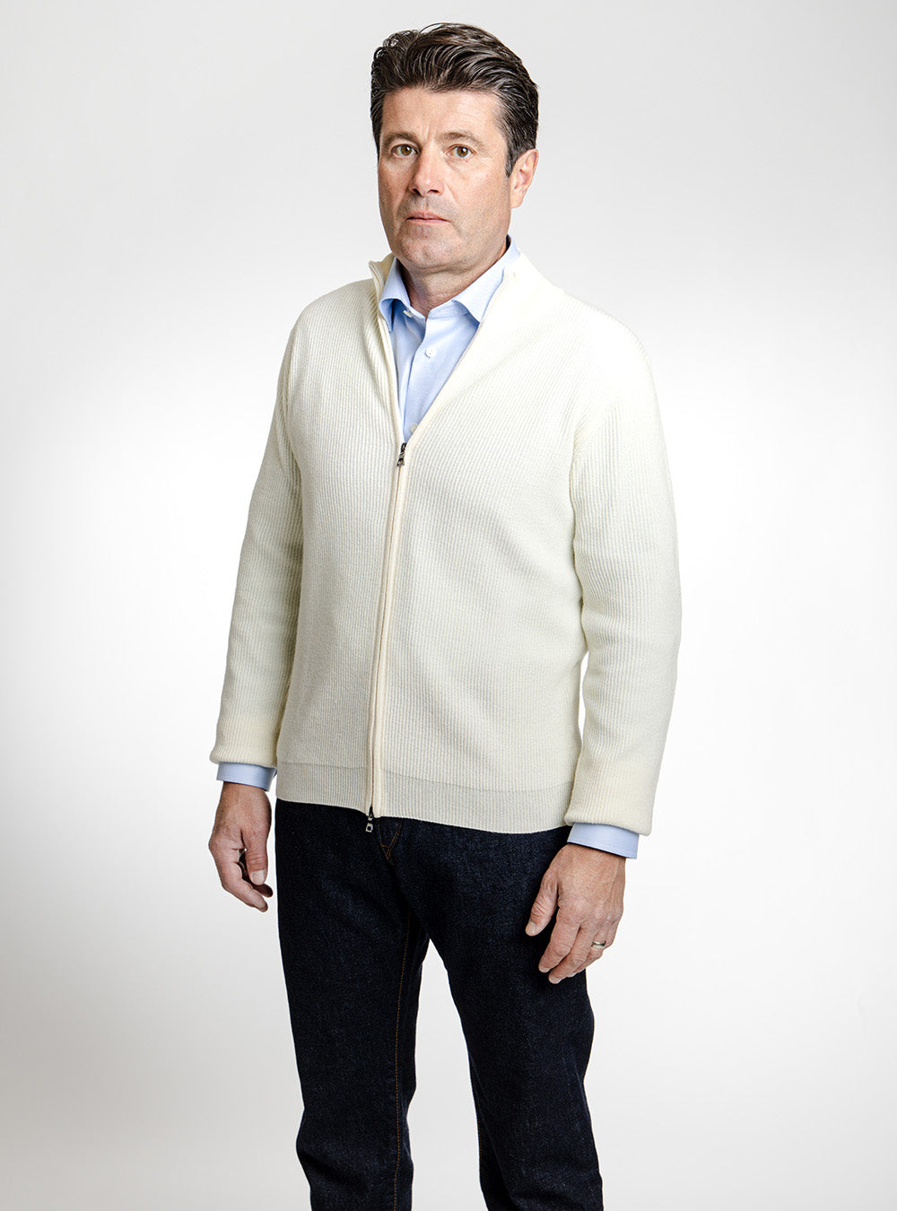 Ferrante Winter White Wool Tight Ribbed Full Zip Sweater