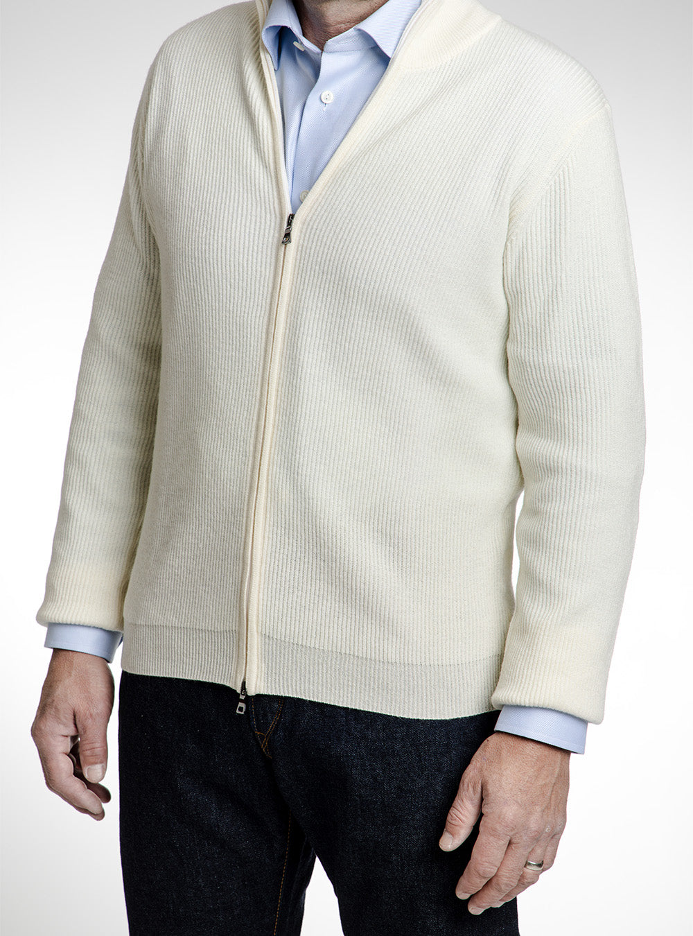 Ferrante Winter White Wool Tight Ribbed Full Zip Sweater