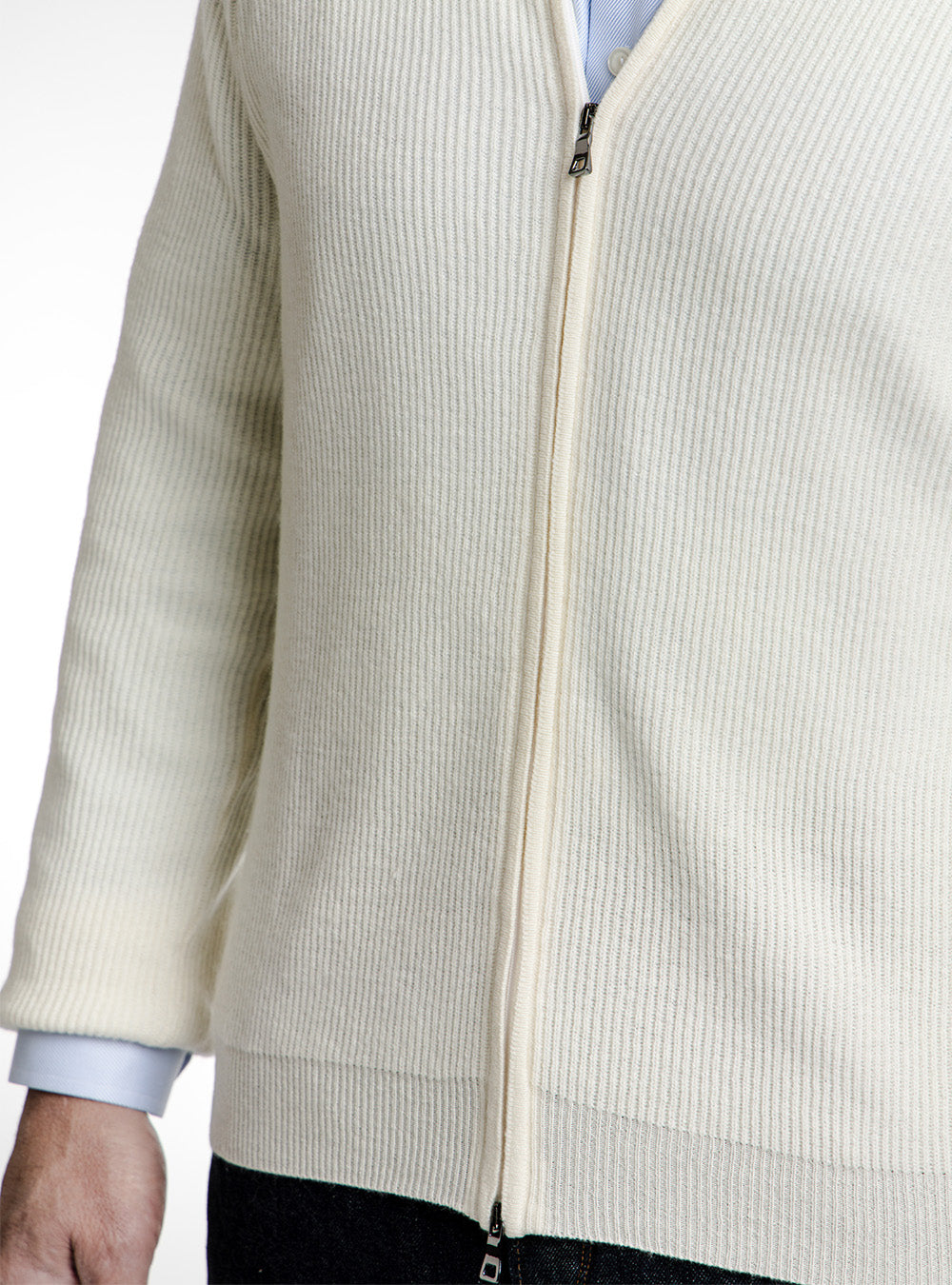 Ferrante Winter White Wool Tight Ribbed Full Zip Sweater