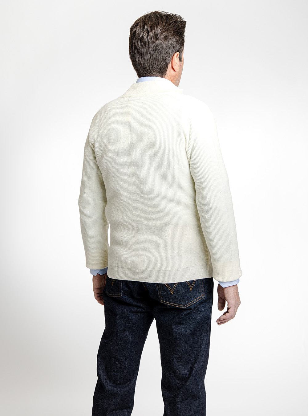 Ferrante Winter White Wool Tight Ribbed Full Zip Sweater