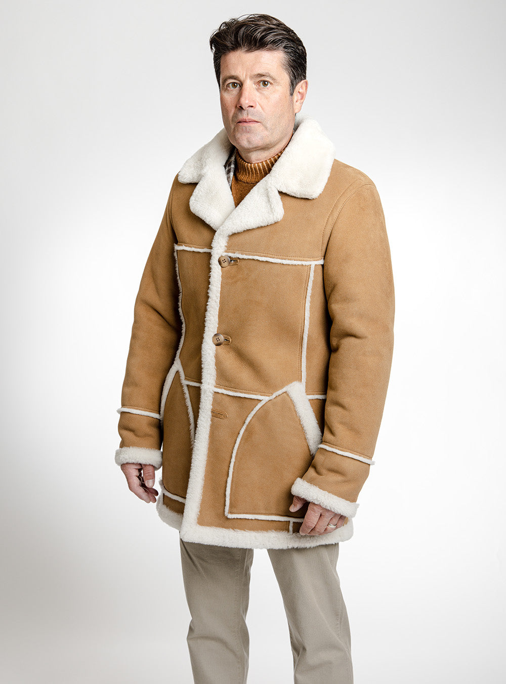 Hiso Caramel Brown Suede Double Faced Sheepskin Jacket