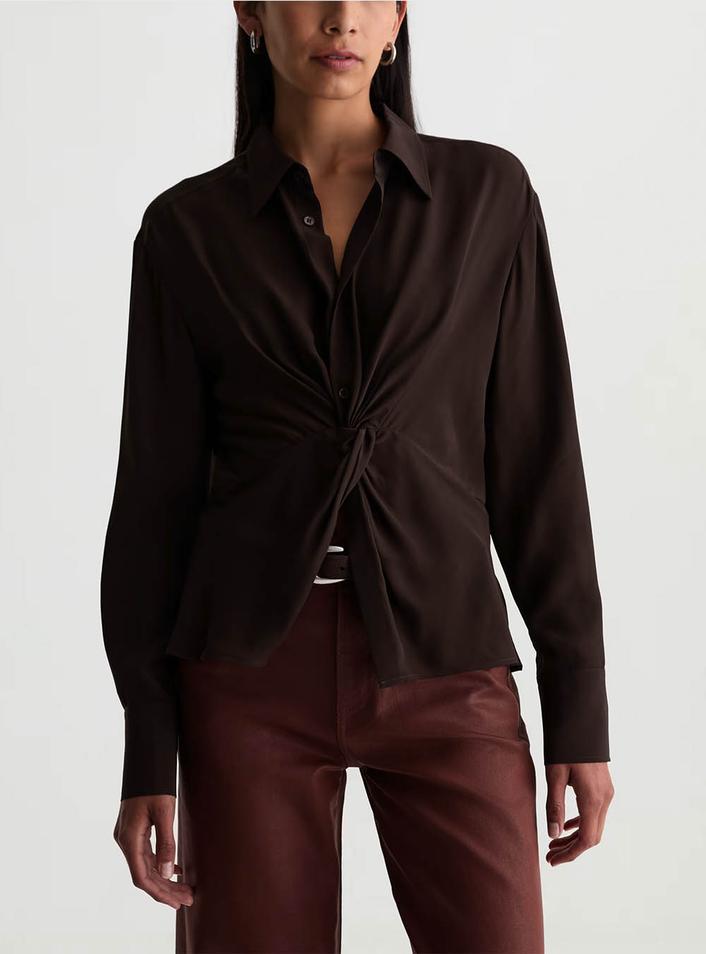 AG Bel Shirt Silk Voile Knot Front Blouse - Burt Umber
