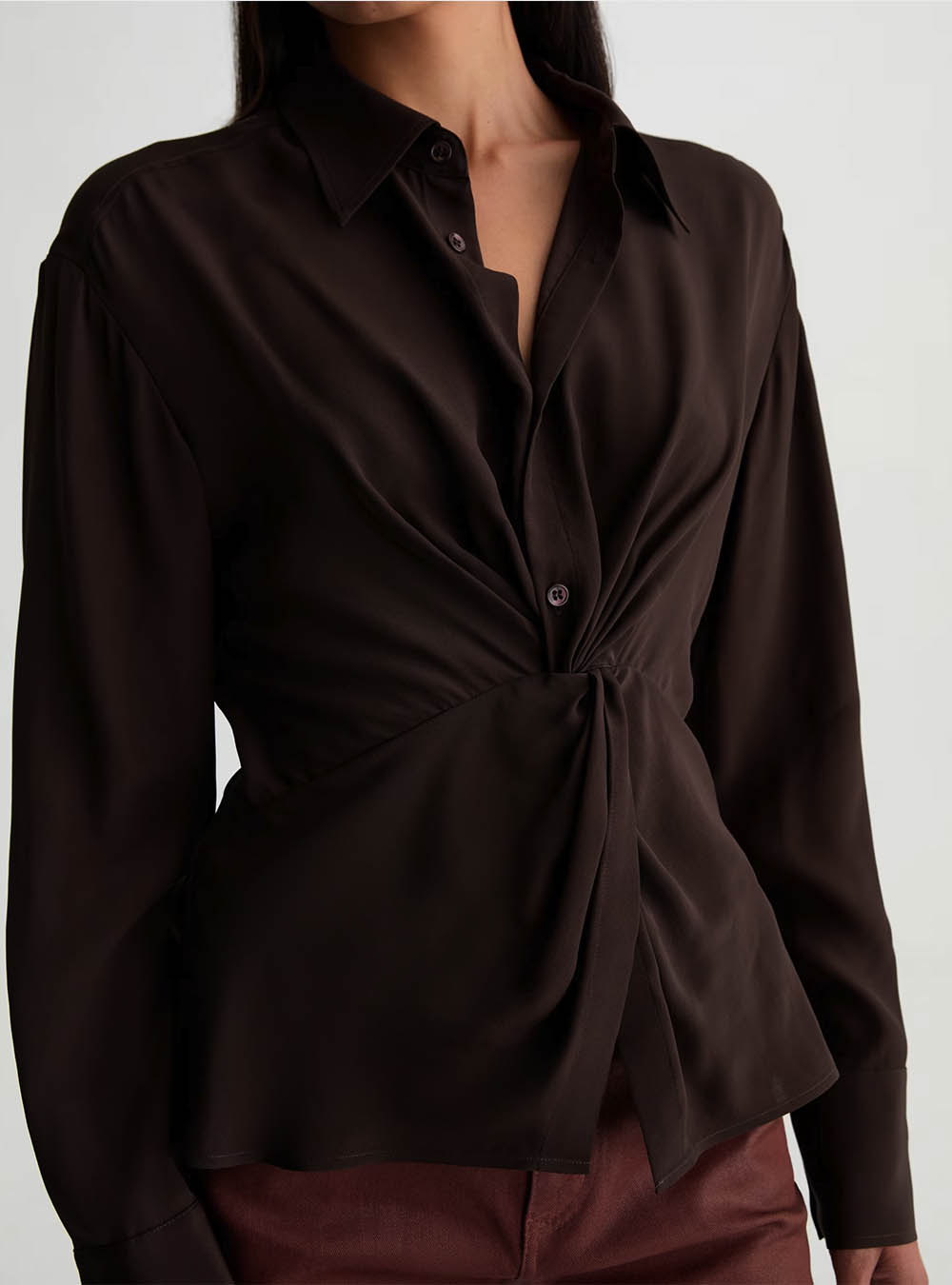 AG Bel Shirt Silk Voile Knot Front Blouse - Burt Umber