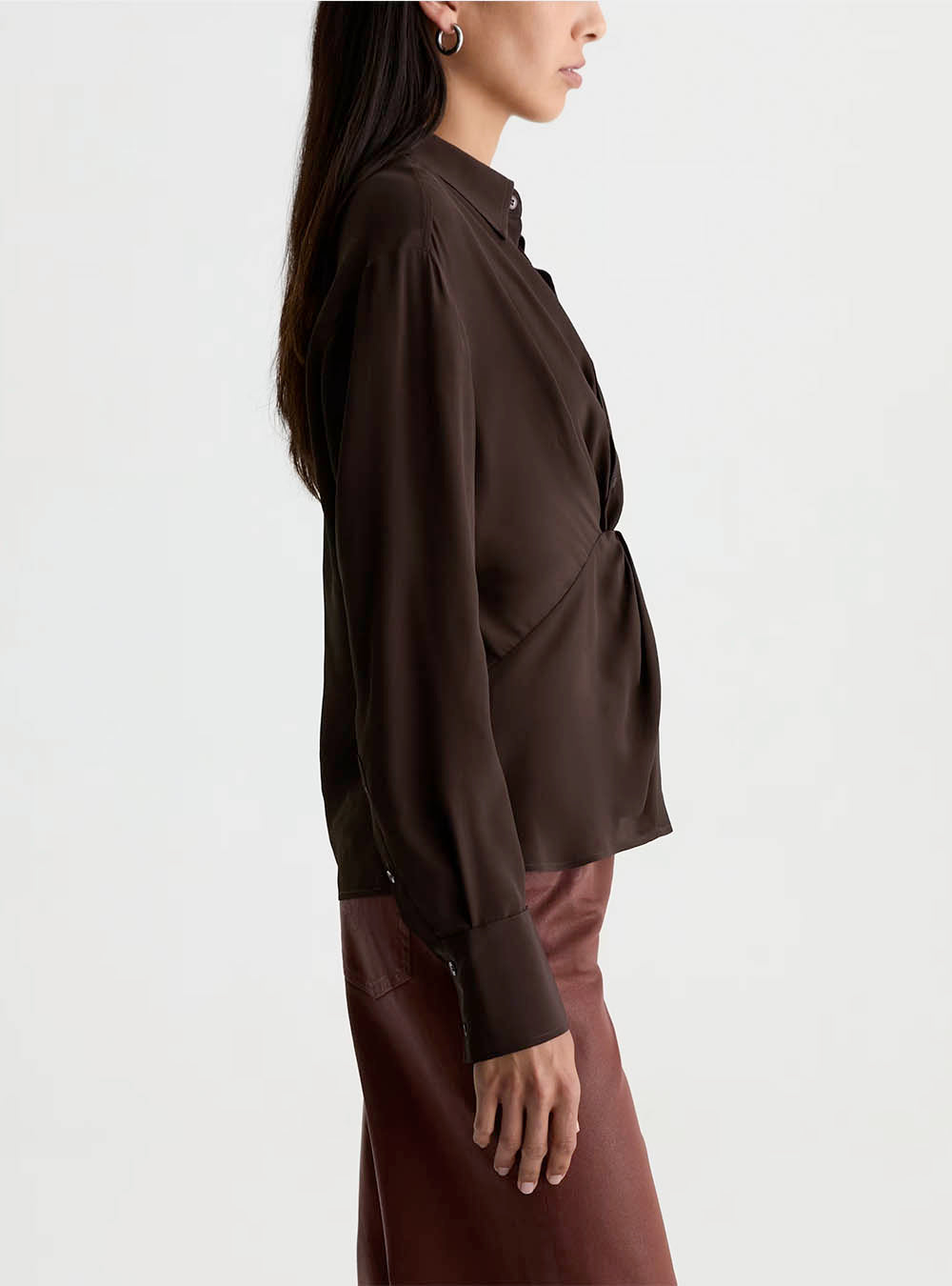 AG Bel Shirt Silk Voile Knot Front Blouse - Burt Umber