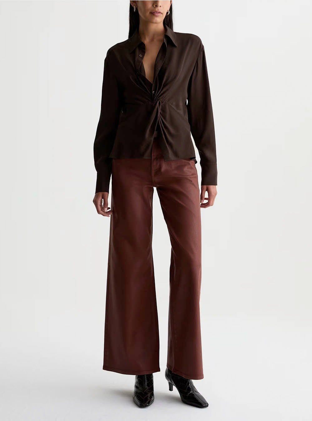 AG Bel Shirt Silk Voile Knot Front Blouse - Burt Umber