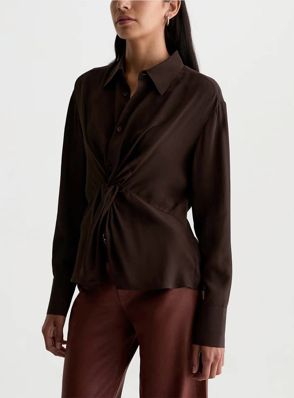 AG Bel Shirt Silk Voile Knot Front Blouse - Burt Umber