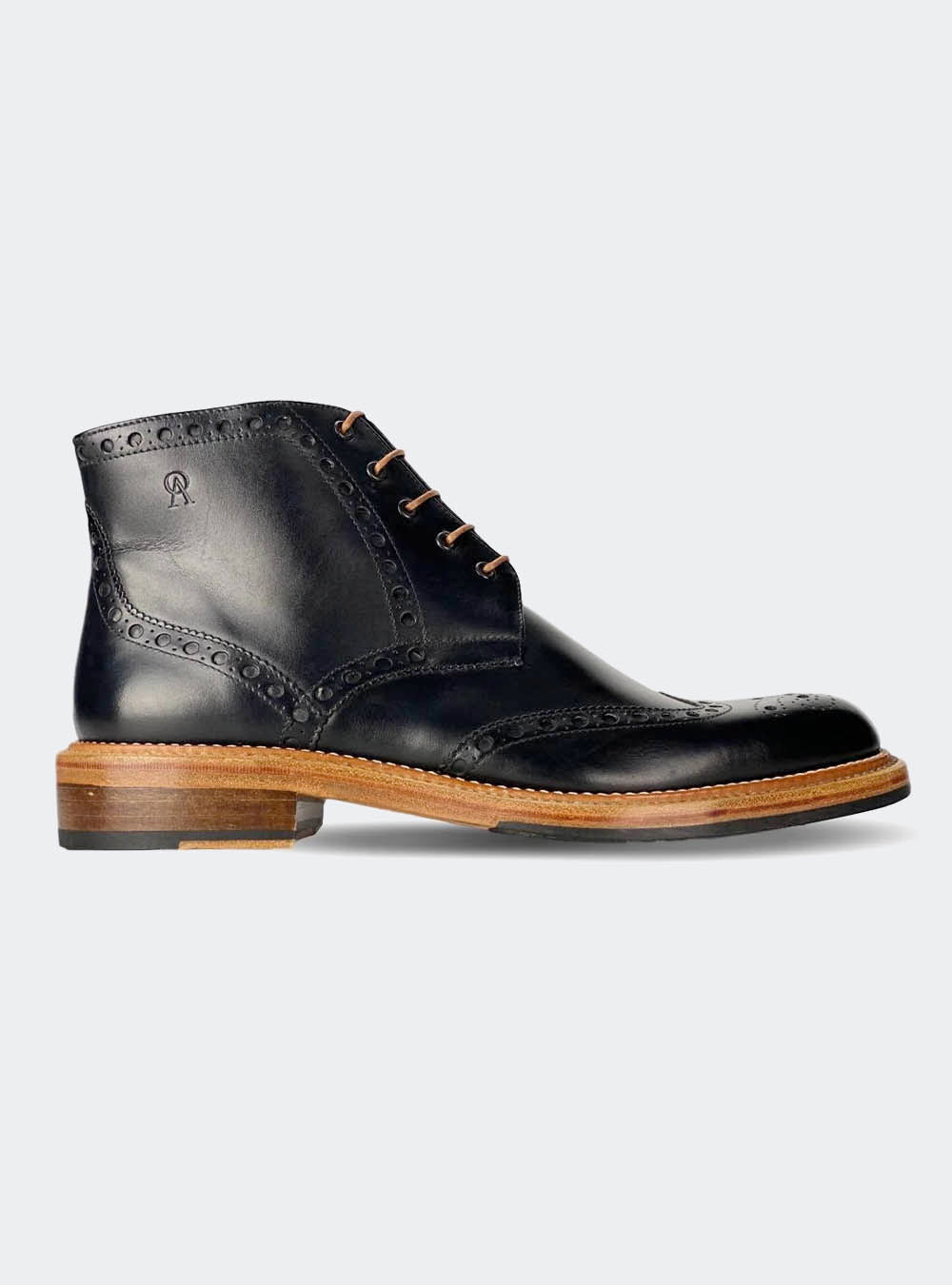 Armin Oehler Boston Double Stitched Wing-Tip Boot - Black Calf