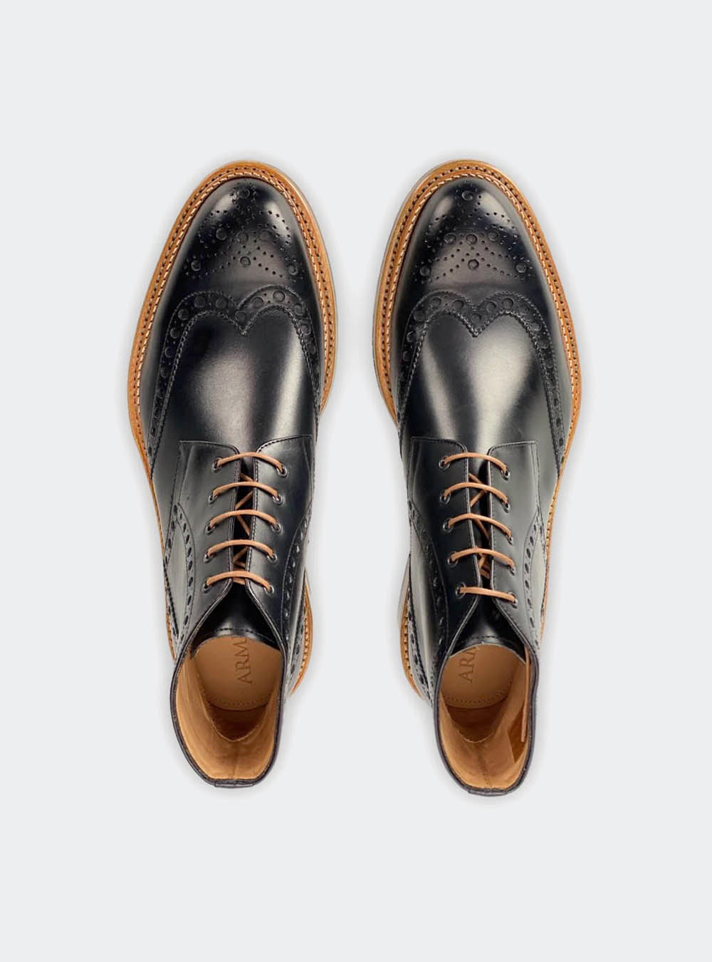Armin Oehler Boston Double Stitched Wing-Tip Boot - Black Calf