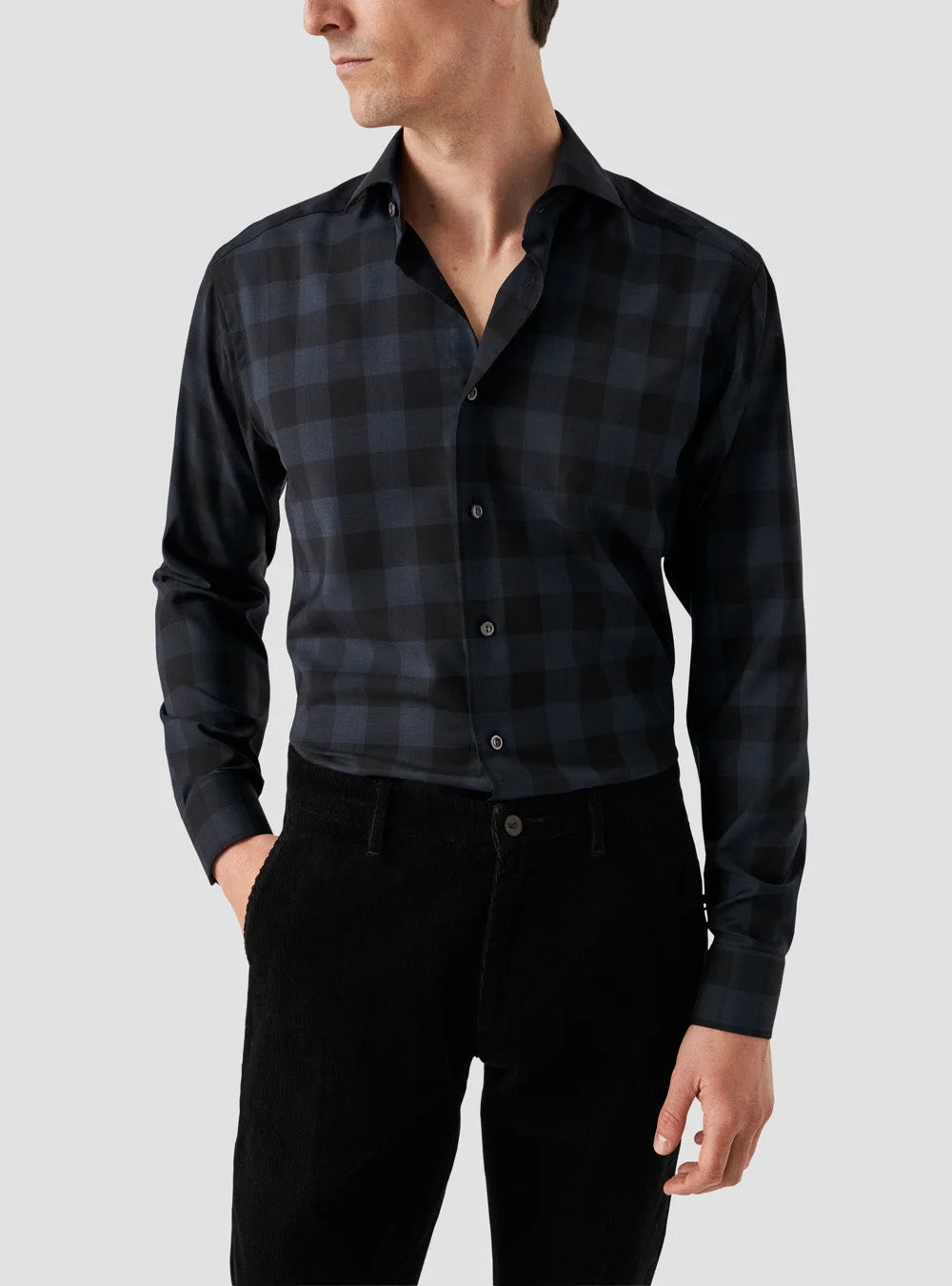 Eton Dark Blue Bold Check Merino Wool Shirt