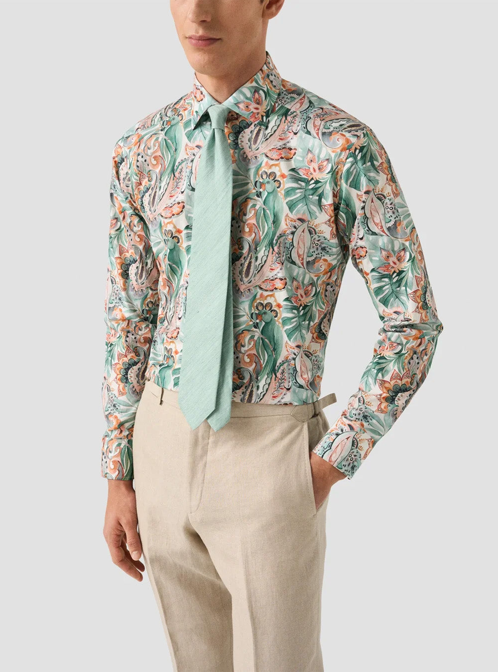 Eton Green Parrot Motif Signature Twill Shirt