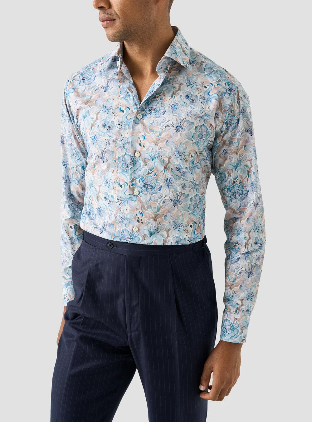 Eton Light Blue Floral Print Fine Twill Shirt