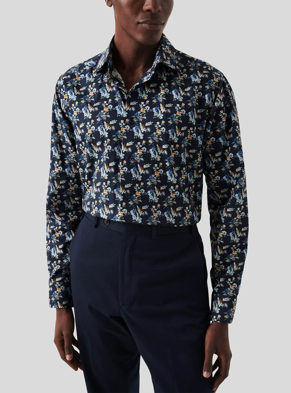 Eton Navy Floral Print Twill Shirt