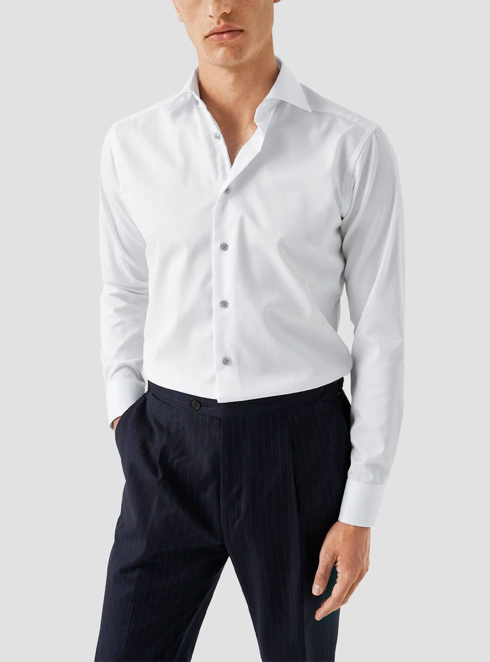 Eton Solid Signature Twill Shirt - White with Grey Buttons