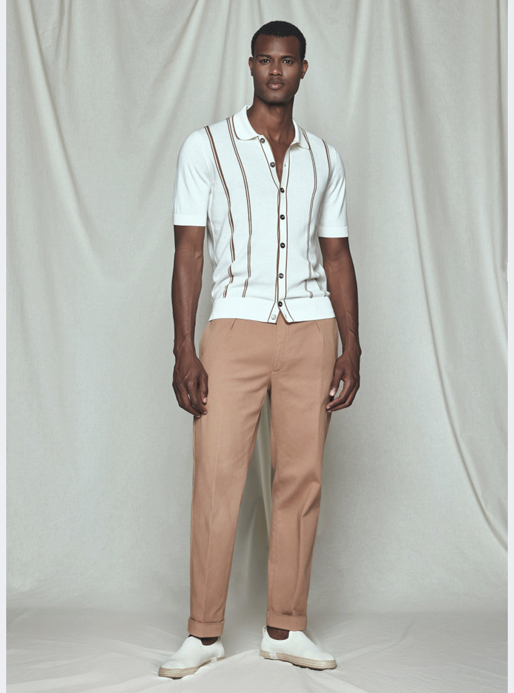 Gran Sasso Organic Cotton Cabled Knit Shirt - White/Brown