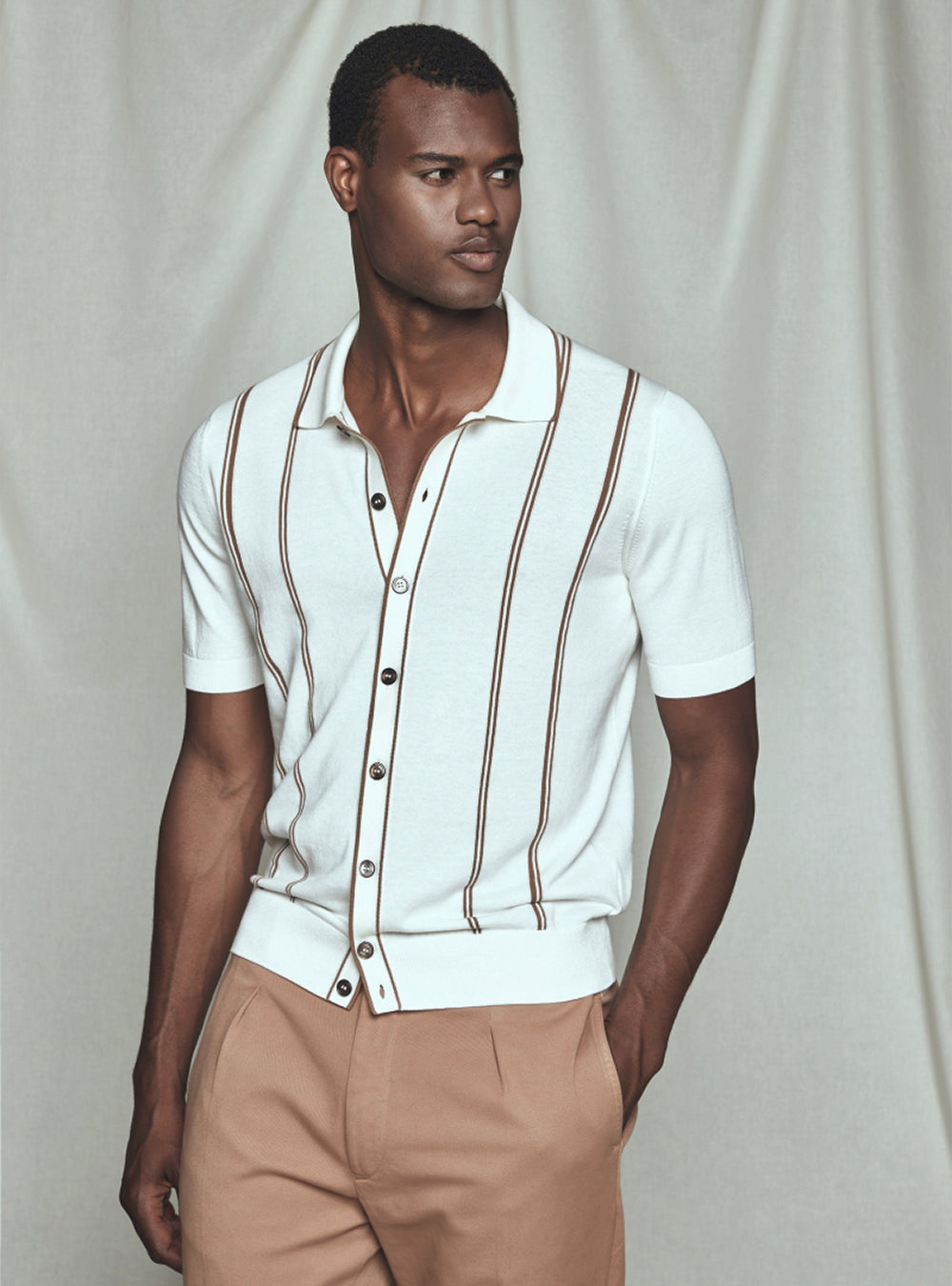 Gran Sasso Organic Cotton Cabled Knit Shirt - White/Brown