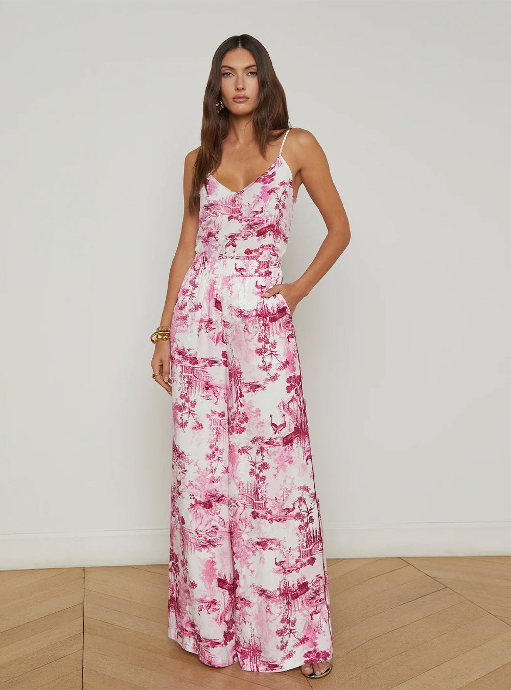 L'Agence Jane Silk Camisole - White/Pink Small Porcelain Toile