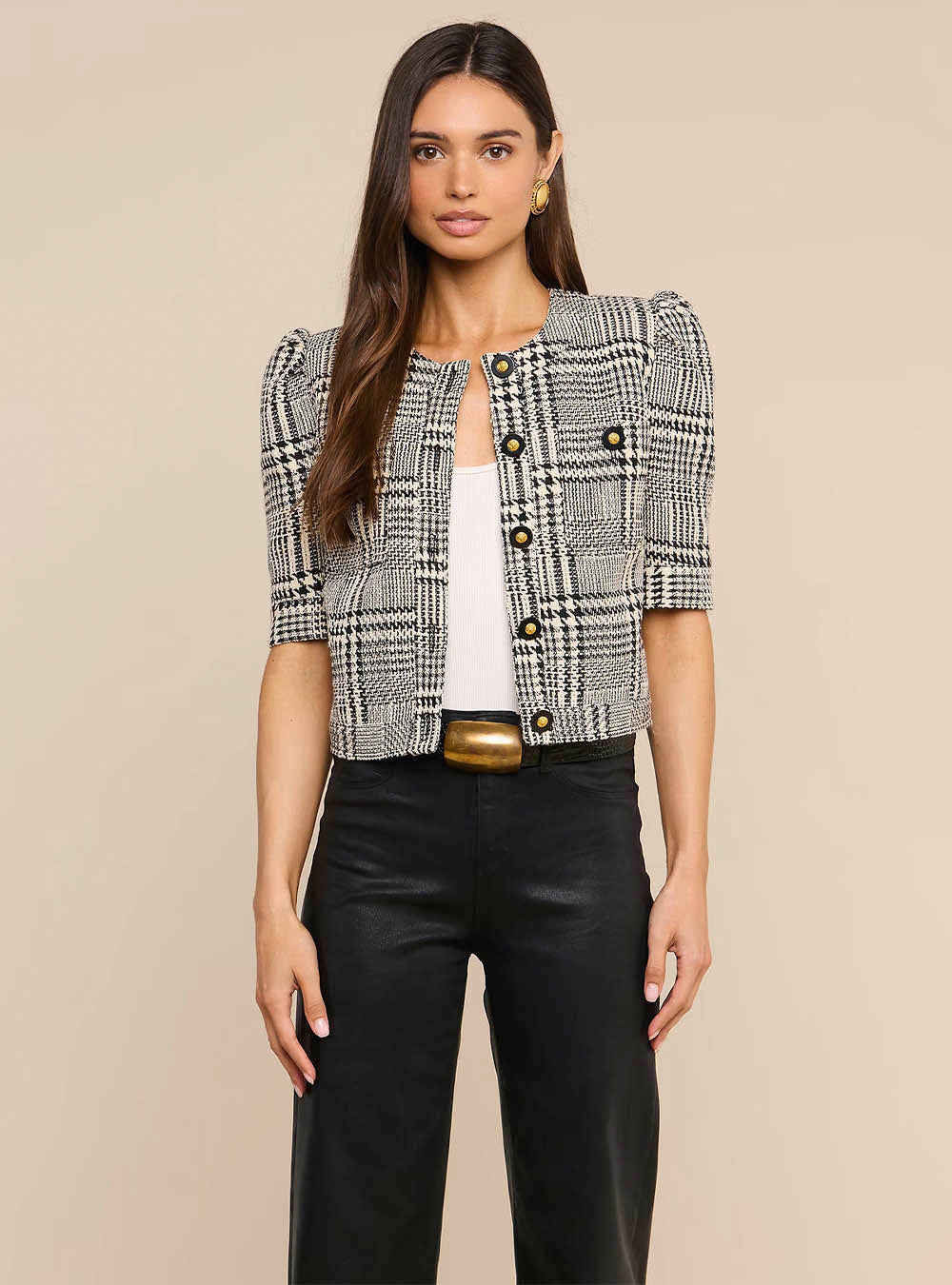 L'Agence Allegra Cropped Tweed Jacket - Black and White