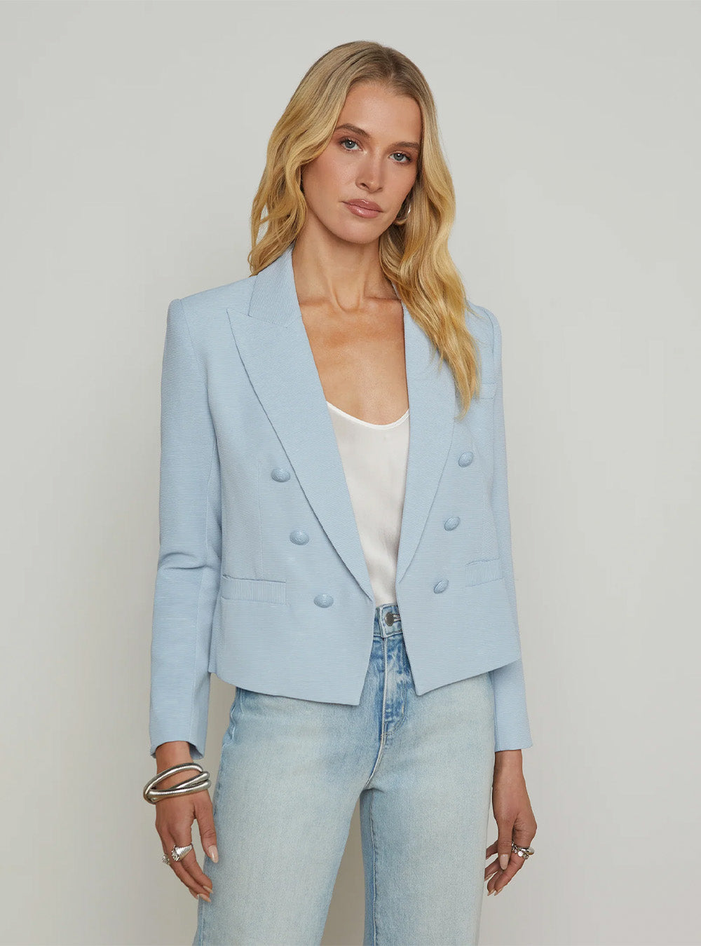 L'Agence Brooke Open-Front Blazer - Blue Fog/Scroll Toile
