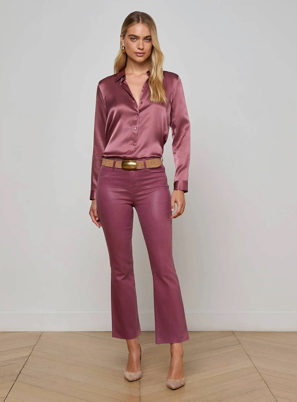 L'Agence Kendra Coated Cropped Flare Jean - Dark Mauve