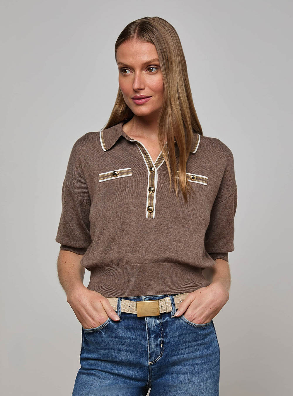 L'Agence Masaki Cropped Sweater - Deep Taupe/Ivory/Gold