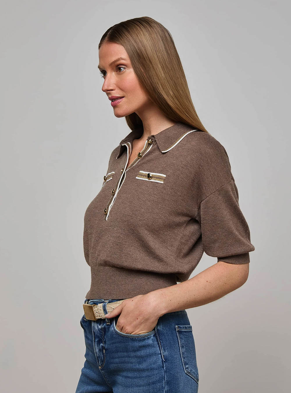 L'Agence Masaki Cropped Sweater - Deep Taupe/Ivory/Gold