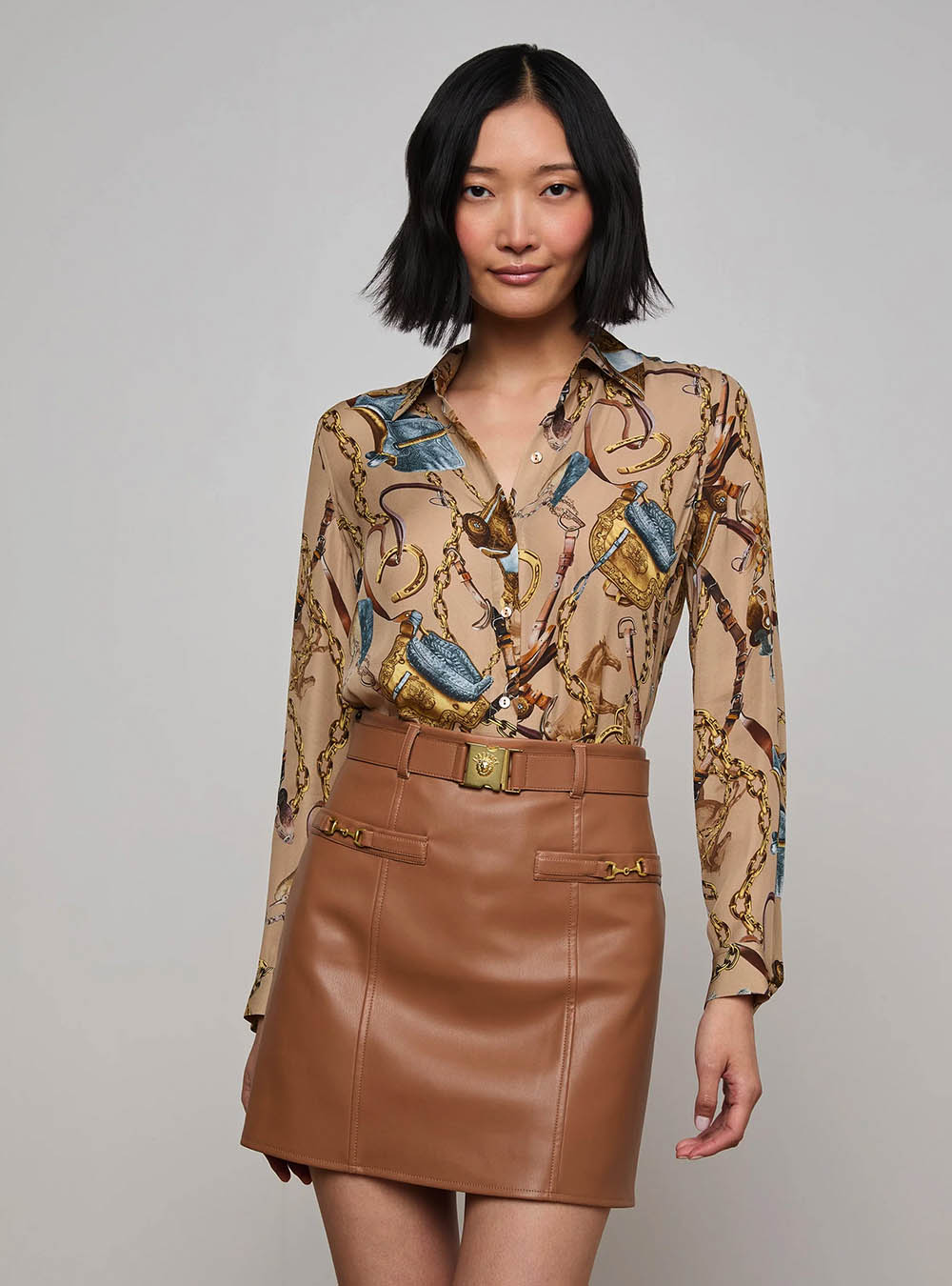 L'Agence Nina Silk Blouse - Dark Cappuccino Multi Equestrian Saddle