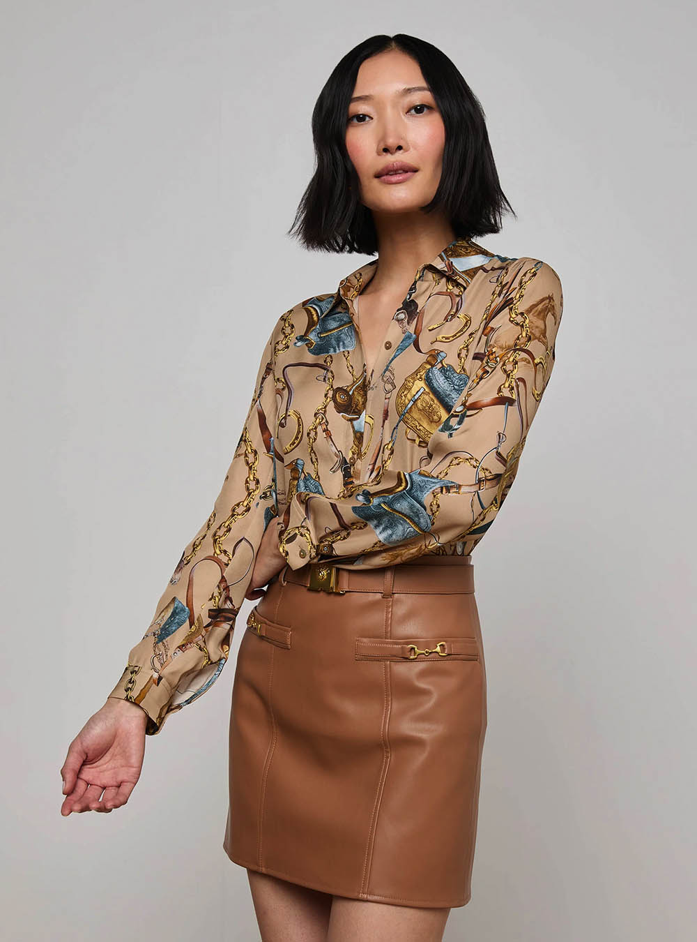 L'Agence Nina Silk Blouse - Dark Cappuccino Multi Equestrian Saddle