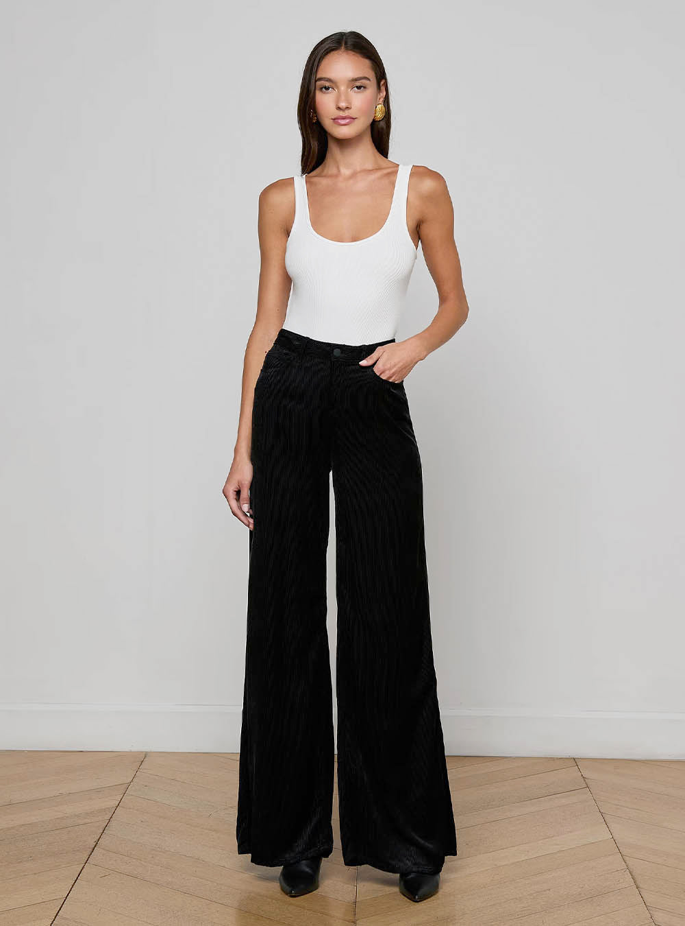L'Agence Quincy Wide Leg Corduroy Pant - Black