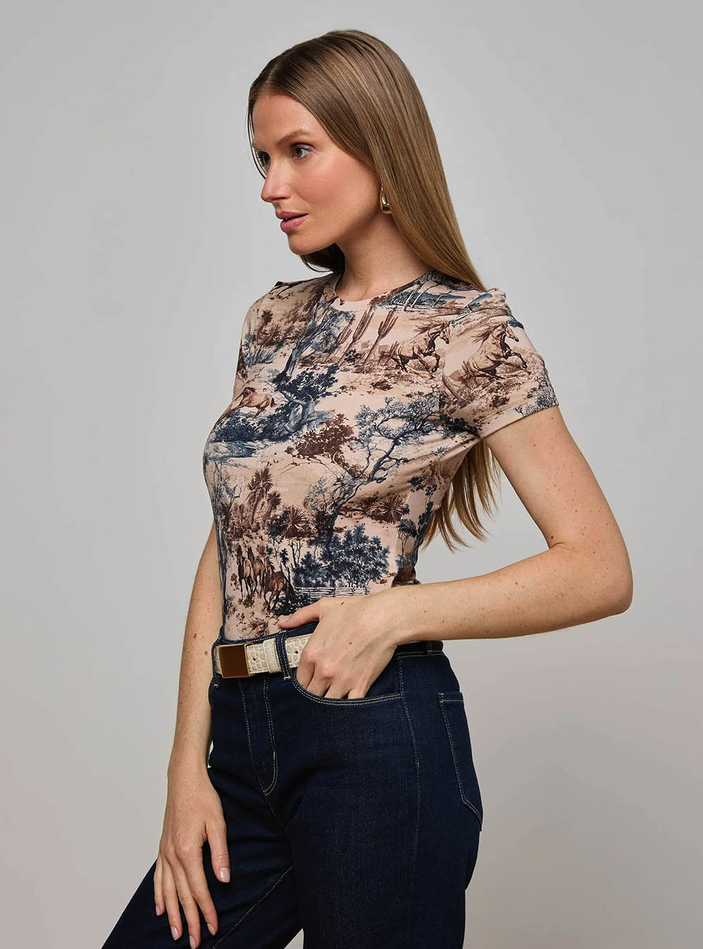 L'Agence Ressi Fitted Tee - Tan Multi Western Toile