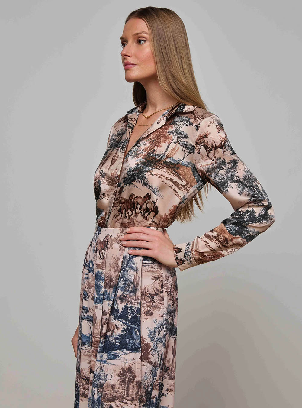 L'Agence Tyler Silk Blouse - Tan Multi Western Toile