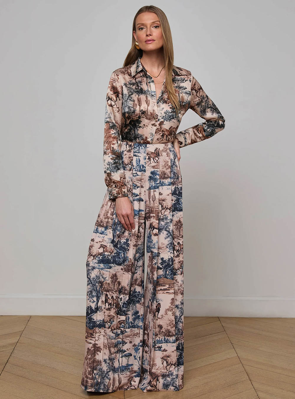 L'Agence Tyler Silk Blouse - Tan Multi Western Toile