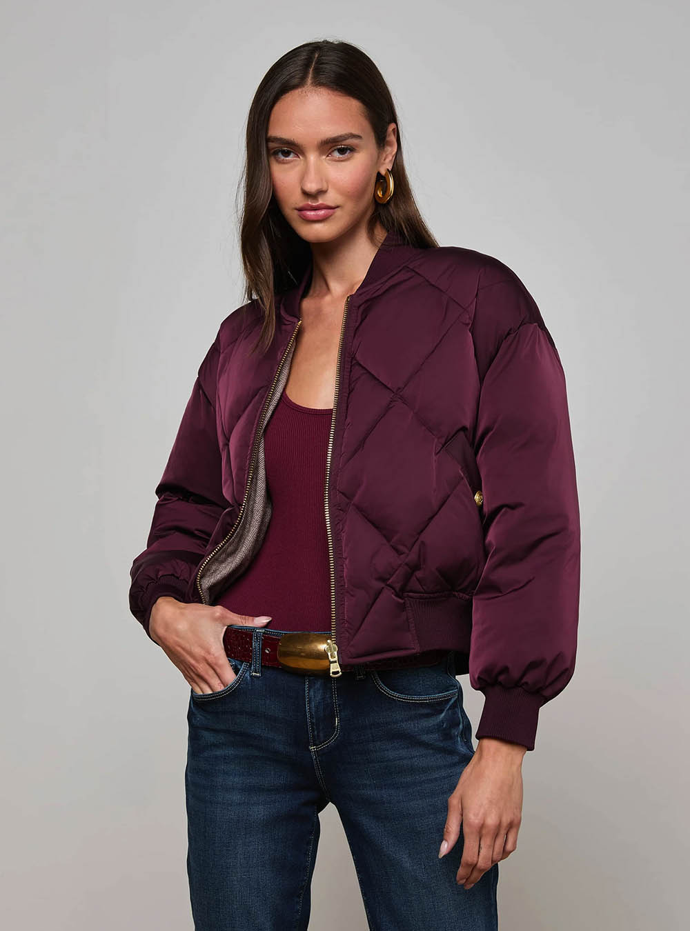 L'Agence Violeta Reversible Puffer - Wine Herringbone