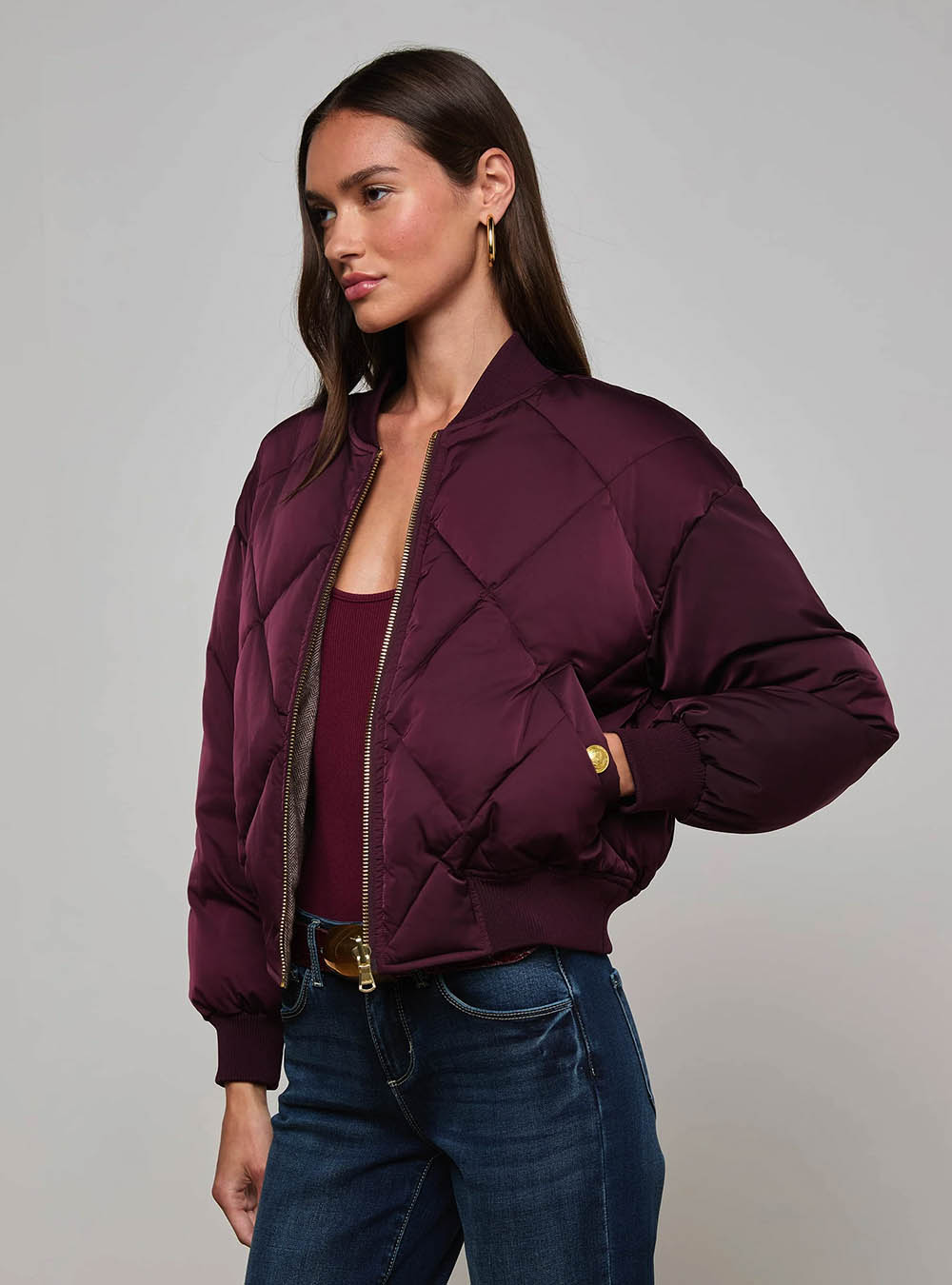 L'Agence Violeta Reversible Puffer - Wine Herringbone