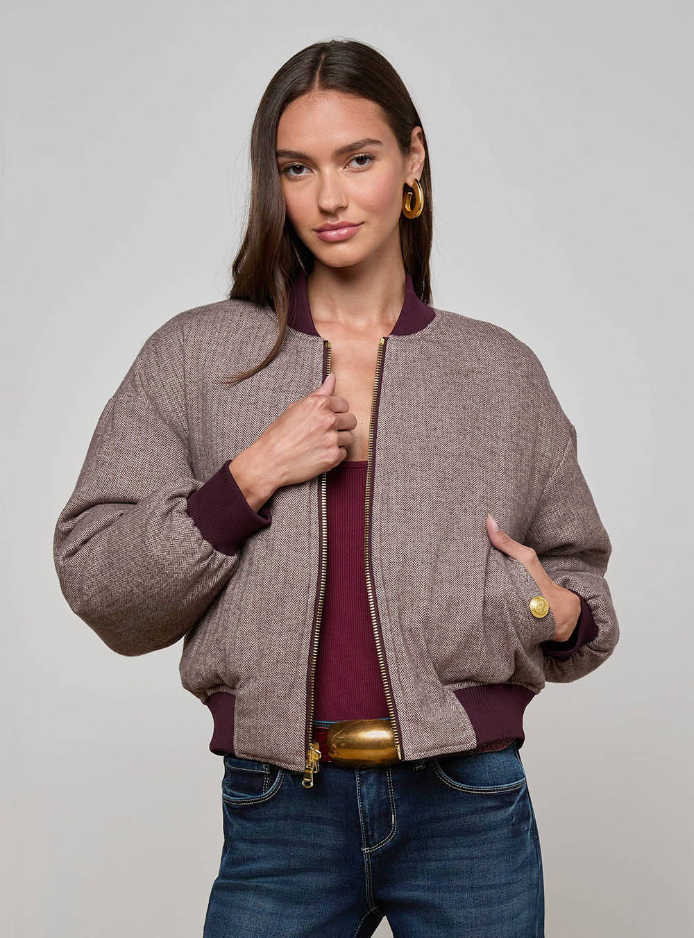 L'Agence Violeta Reversible Puffer - Wine Herringbone