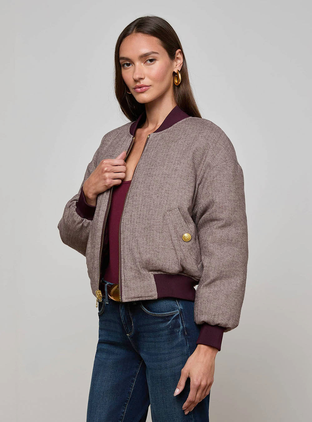 L'Agence Violeta Reversible Puffer - Wine Herringbone