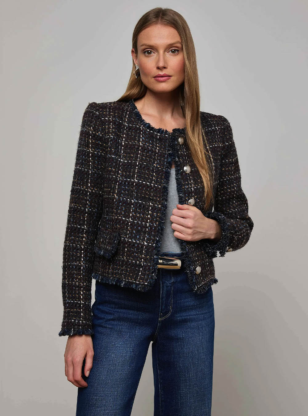 L'Agence Zaya Tweed Jacket - Midnight Brown Multi Tweed